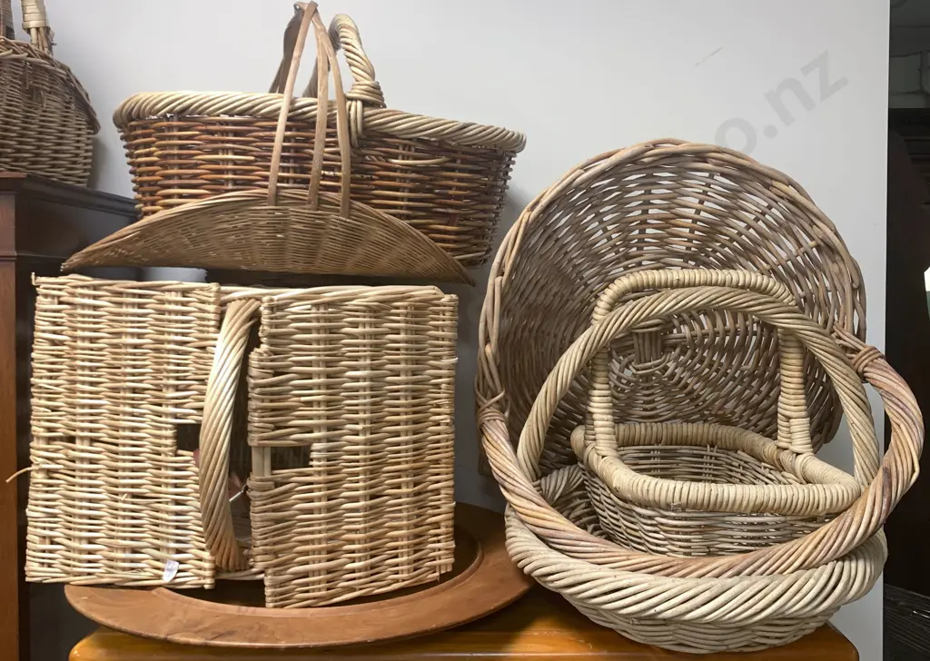Seven Wicker Baskets and Large Turned Wooden Bowl Image 1++