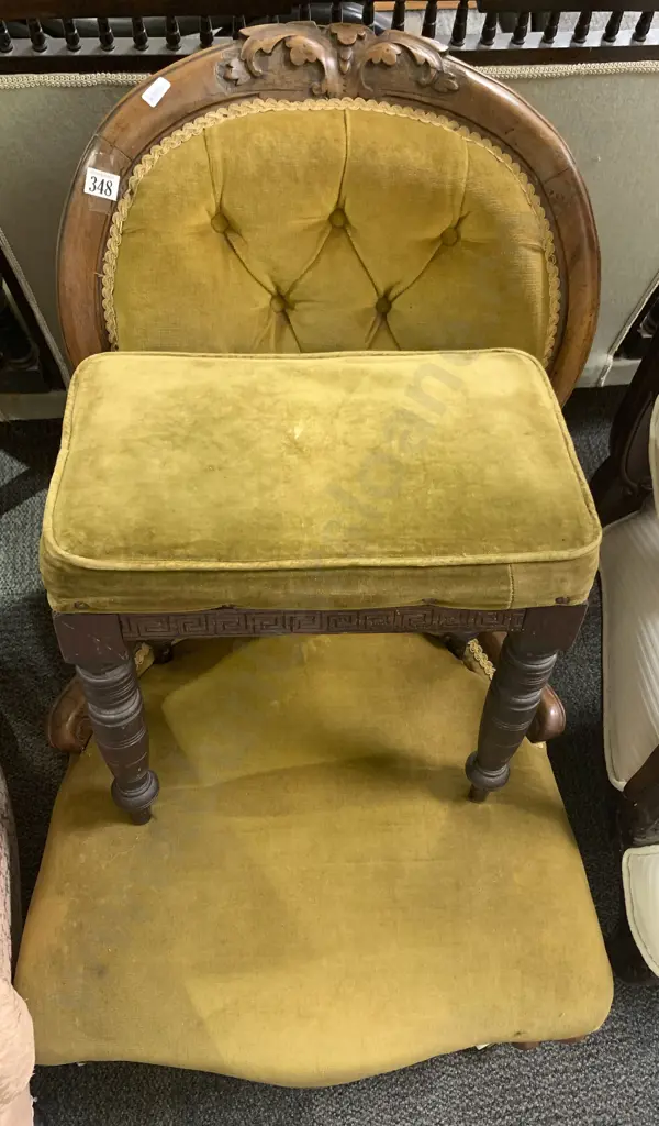 Victorian Walnut Grandmother Chair Together with Side Table and Stool Image 1++