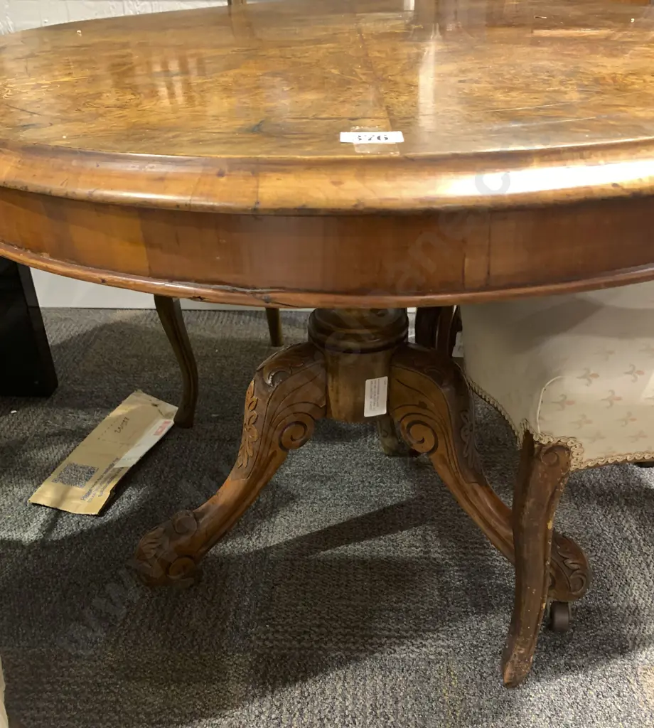 Victorian Oval Burr Walnut and Marquetry Table Image 1++