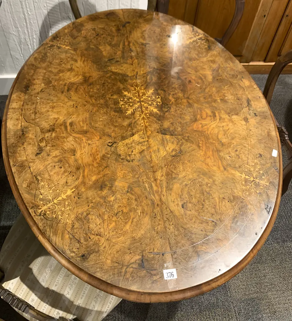 Victorian Oval Burr Walnut and Marquetry Table Image 1++