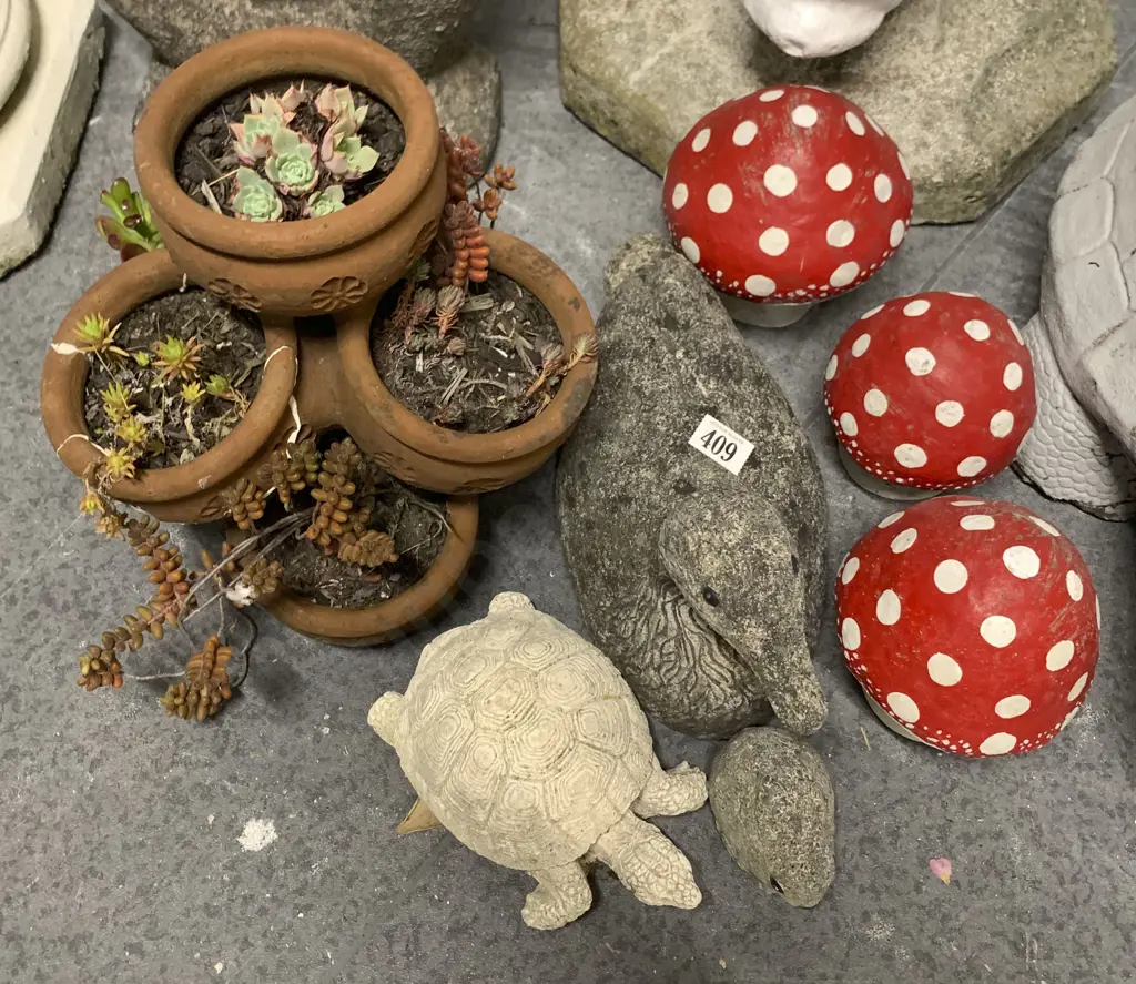 Three Toadstools with Duck and Tortoise Outdoor Ornaments and Terracotta Multi-Planter Image 1++