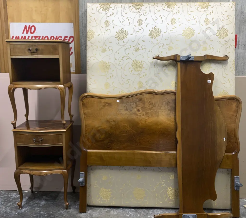 Pair of Walnut Bedside Cabinets and Matching Headboard and Base Image 1++