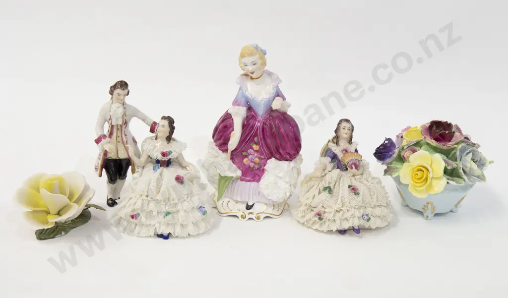 Assortment of Dresden and Staffordshire Figures and Floral Ornaments (5) Image 1++