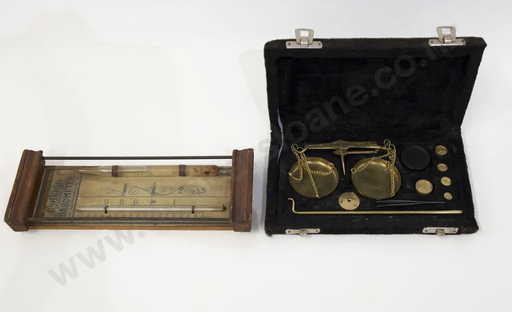 Vintage Cottage Barometer together with Cased Scale and Weights Set Image 1++