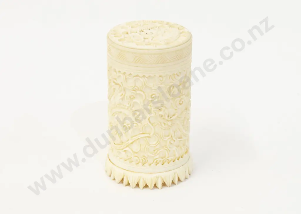 Carved Ivory Lidded Cylindrical Box Image 1++