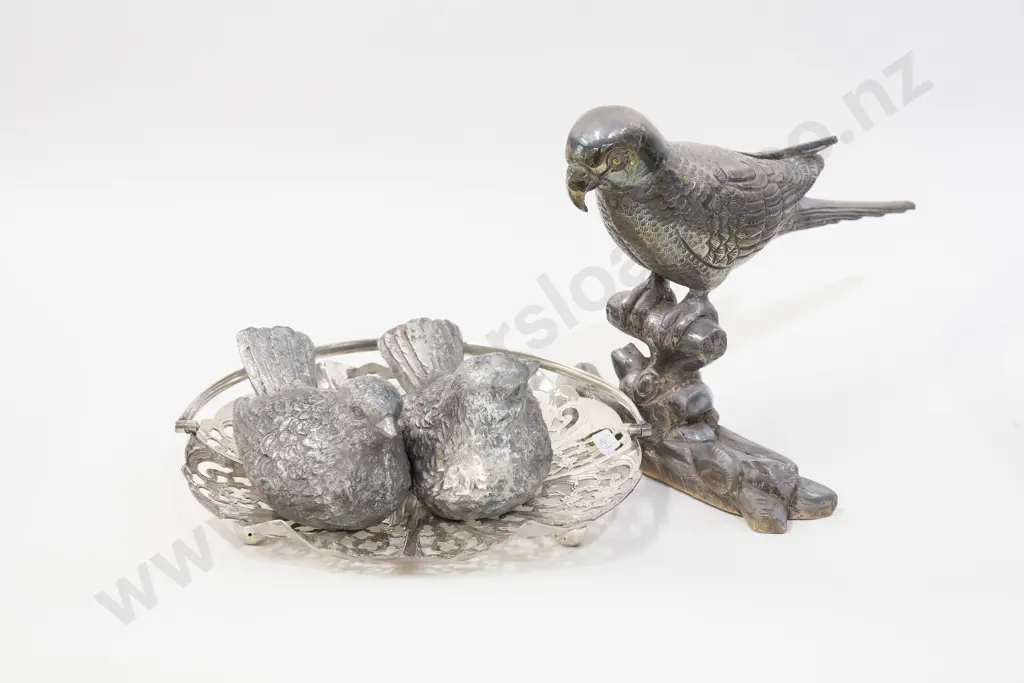 Three Metal Bird Ornaments on S/P Footed Basket Image 1++