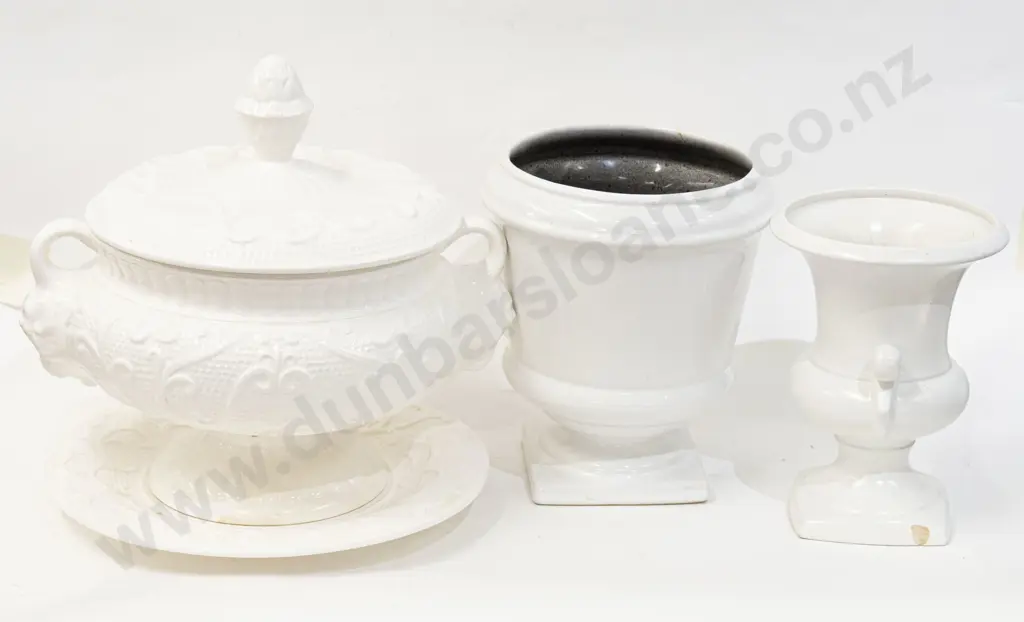 Large White Glazed Lidded Urn together with Two Pottery Vases (AF) Image 1++