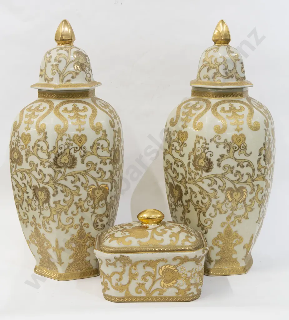 Pair of Gilt Decorated Lidded Vases with Similar Lidded Ceramic Box Image 1++