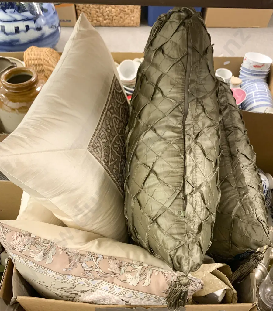 Two Boxes of Assorted Ornaments and Cushions Etc Image 1++