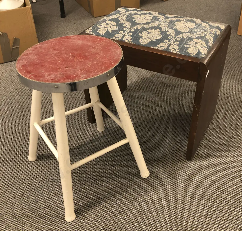 Box of Assorted Woodware and Serving Trays together with Two Stools Image 1++