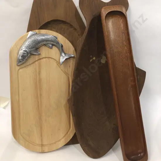 Box of Assorted Woodware and Serving Trays together with Two Stools