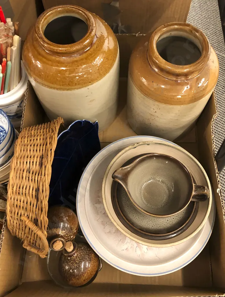 Box of Assorted Stoneware and Pottery Including Crocks Image 1++