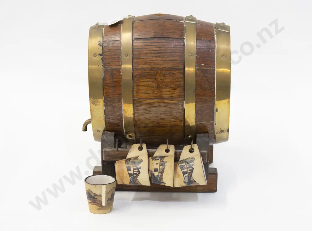 Decorative Whiskey Barrel with Hanging Cups (One Cup Damaged) Image 1++