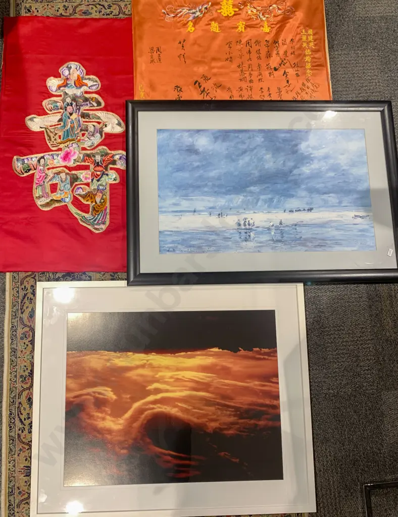 Two Framed Prints and Two Silk Works Together With Mirror Image 1++