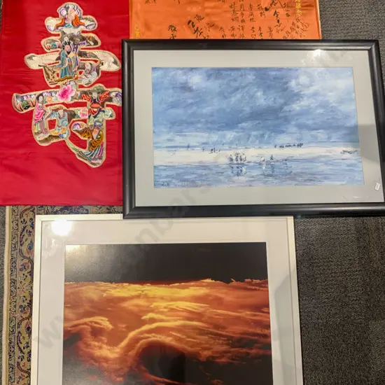 Two Framed Prints and Two Silk Works Together With Mirror