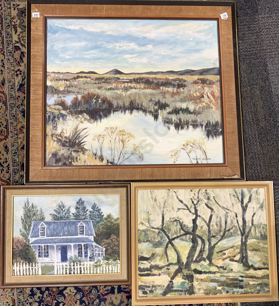 Three Oil on Board Artworks Including Eleanor Barker Cottage Study Image 1++