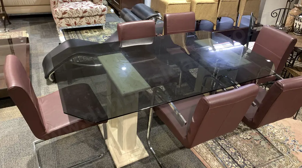 Glass Top Dining Table Together With Four Modern Vinyl Dining Chairs and Two Carvers Image 1++