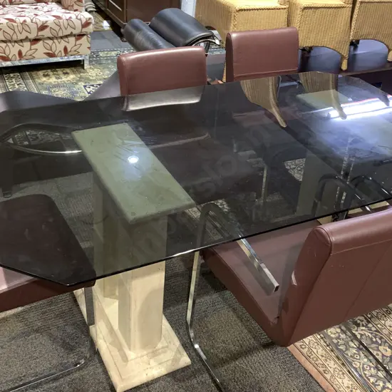 Glass Top Dining Table Together With Four Modern Vinyl Dining Chairs and Two Carvers