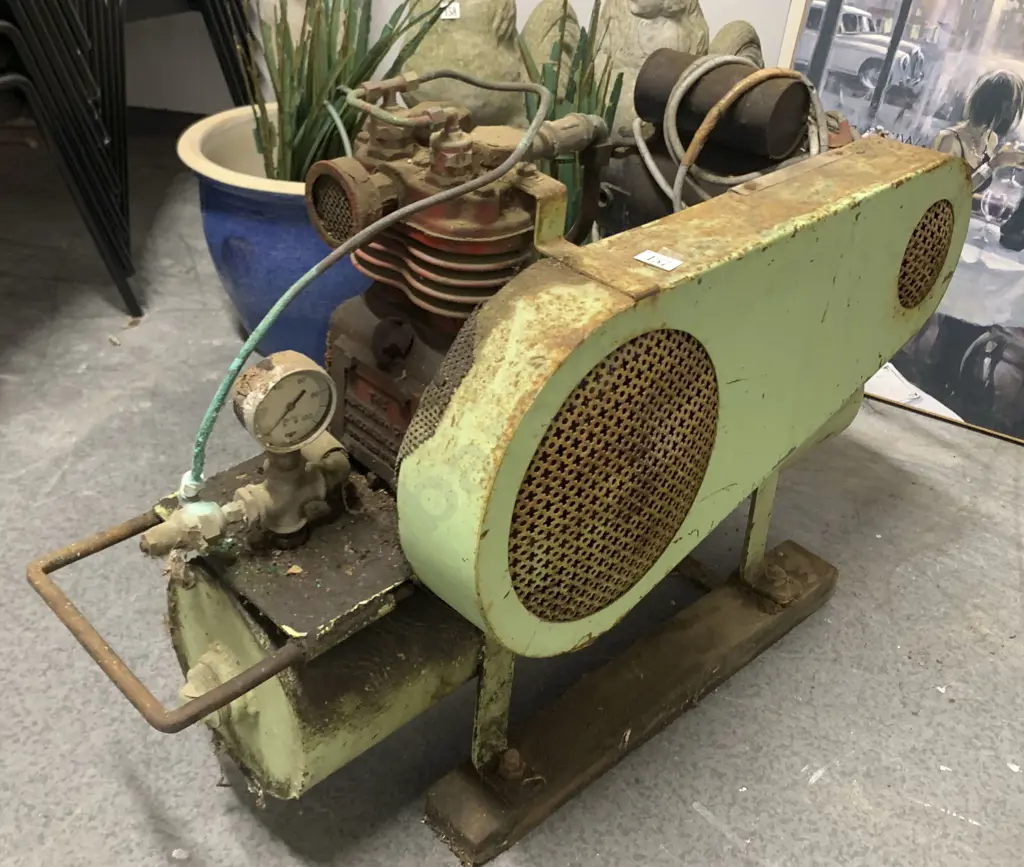 Vintage Air Compressor Together With Box of Tools Image 1++