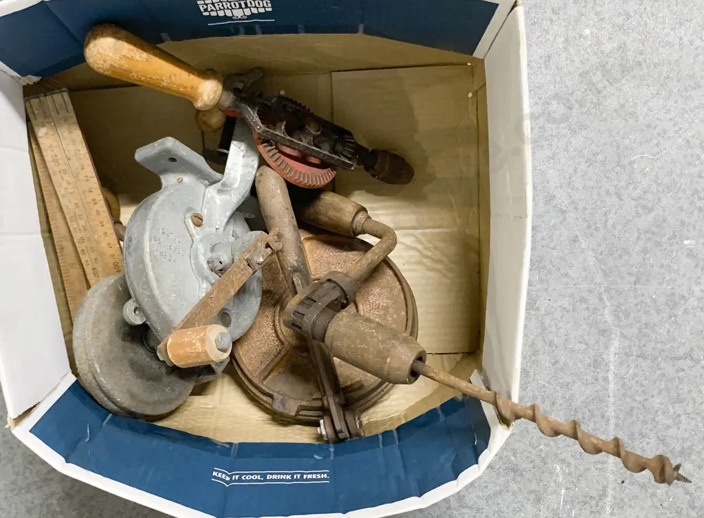 Vintage Air Compressor Together With Box of Tools Image 1++