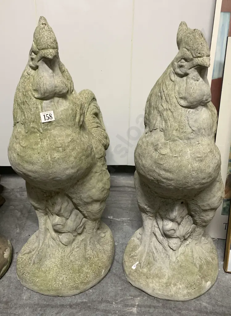 Pair of Concrete Rooster Garden Ornaments Image 1++