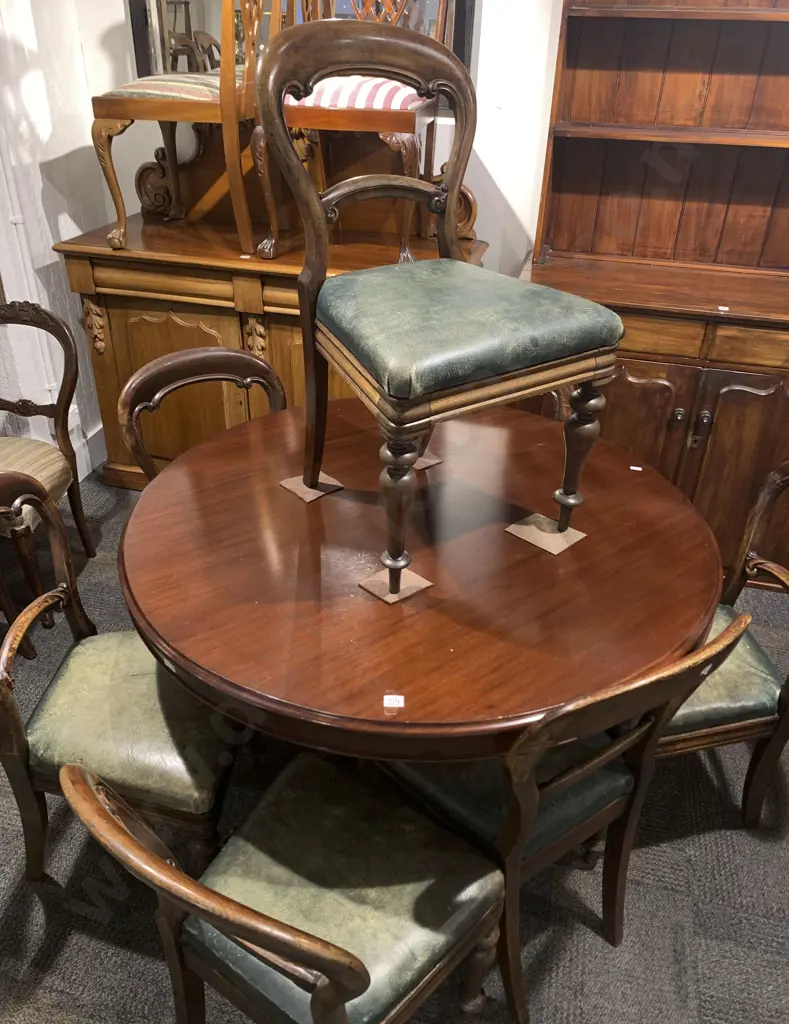 Victorian Circular Dining Table and Seven Balloon Back Dining Chairs Image 1++