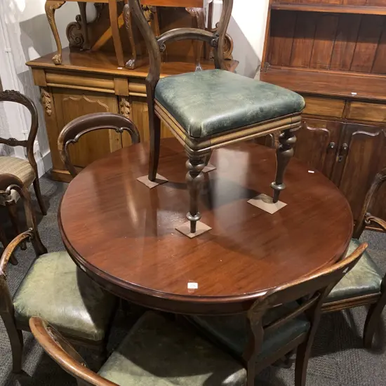 Victorian Circular Dining Table and Seven Balloon Back Dining Chairs