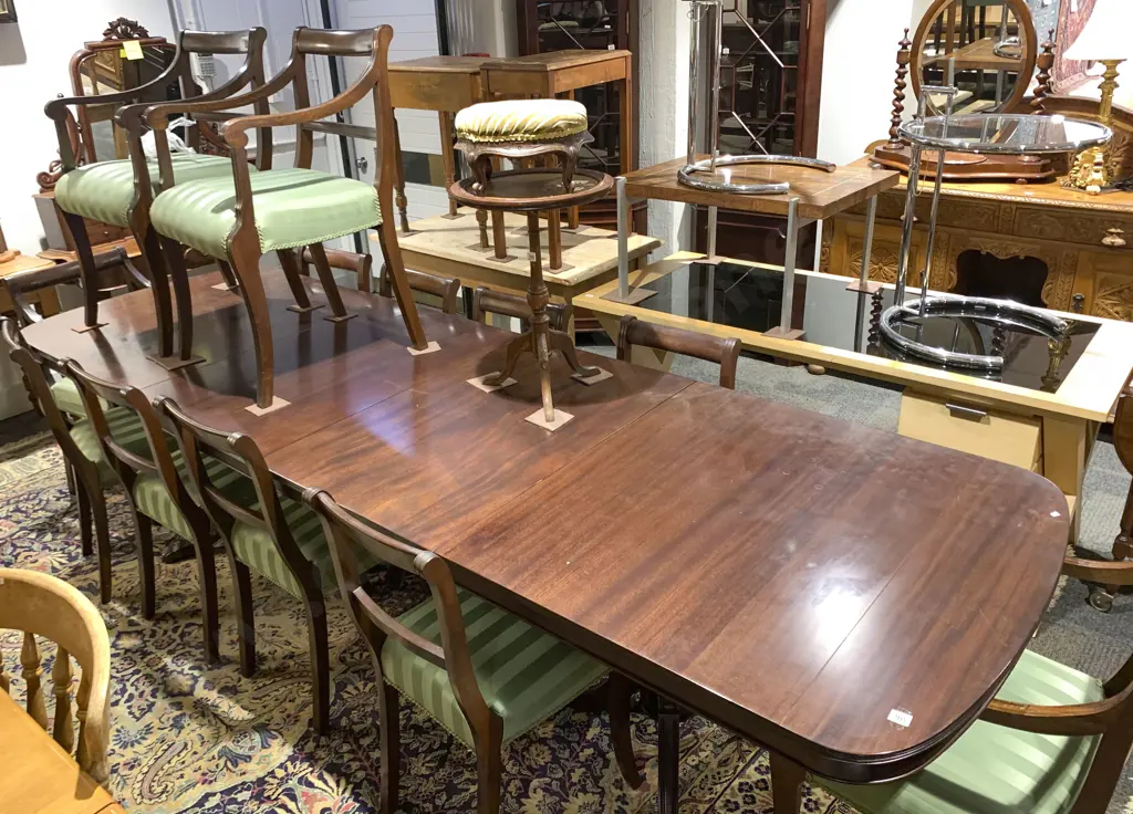 Large Extension Mahogany Dining Table With Eight Chairs and Four Carvers Image 1++