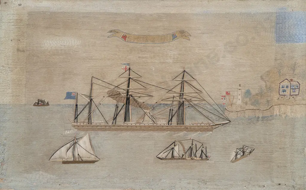 Late C19th Sailors Woolwork Picture of a Ship Image 1++