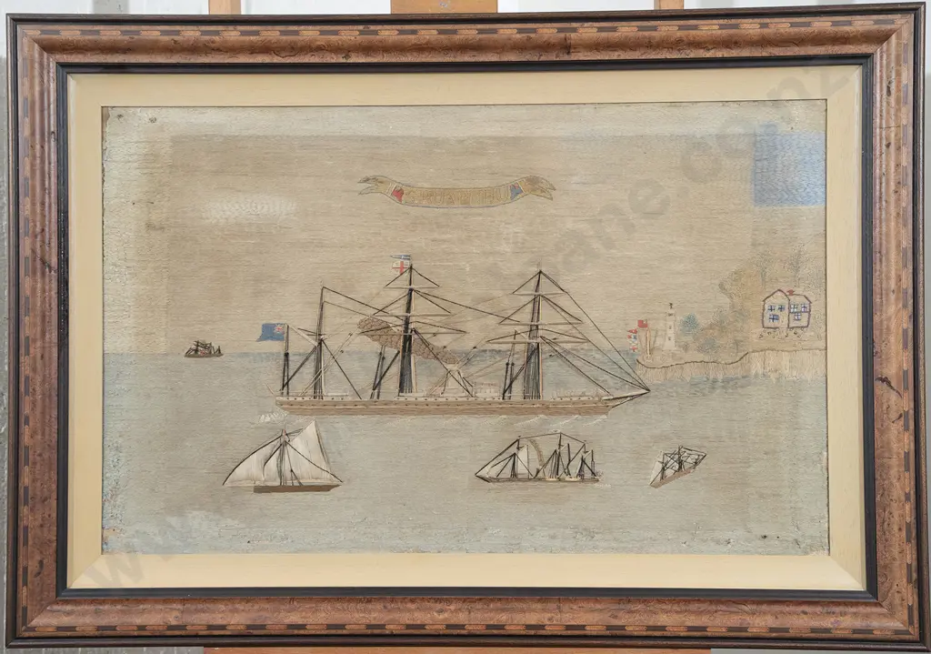 Late C19th Sailors Woolwork Picture of a Ship Image 1++