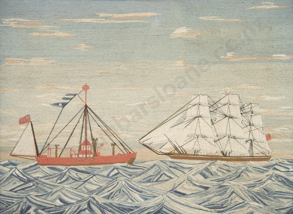 Mid C19th Sailors Woolwork Picture of Ships off the Sussex Coast Image 1++