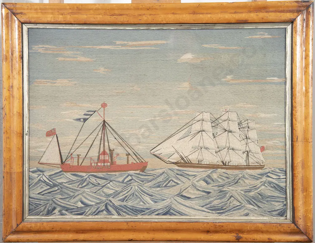 Mid C19th Sailors Woolwork Picture of Ships off the Sussex Coast Image 1++