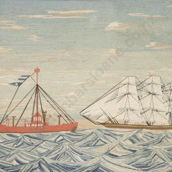 Mid C19th Sailors Woolwork Picture of Ships off the Sussex Coast
