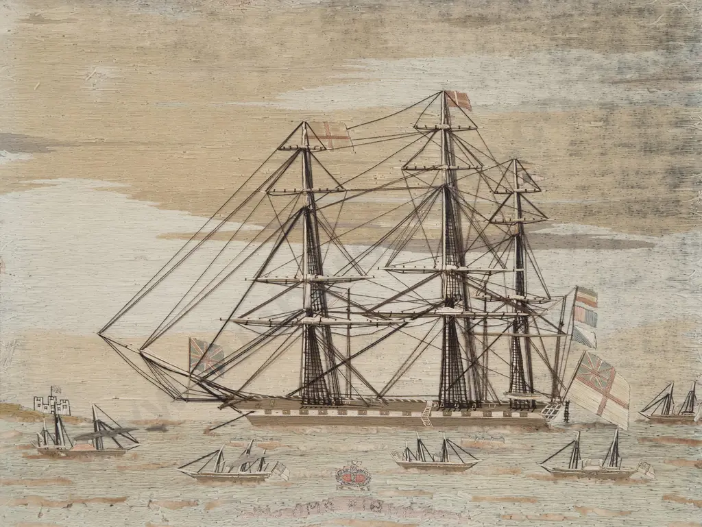 Mid C19th Sailor's Woolwork Picture of a Ship Image 1++