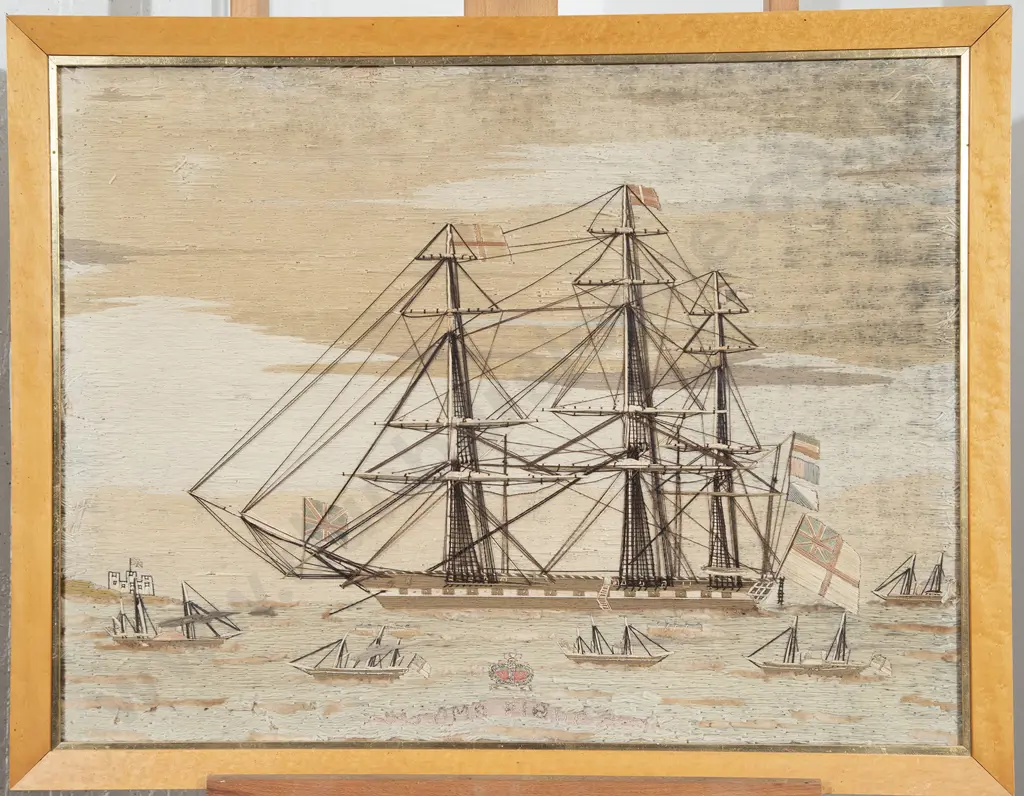 Mid C19th Sailor's Woolwork Picture of a Ship Image 1++