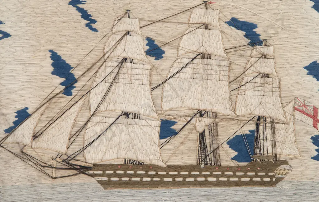 Mid C19th Sailors Woolwork Picture of a Ship Image 1++