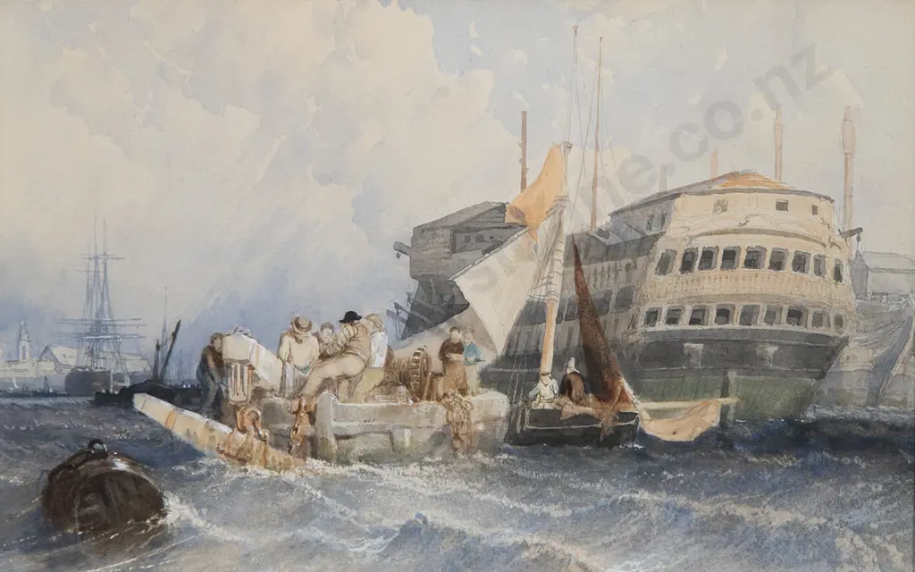 Manner of William Clarkson Stanfield RA (1793-1867) - Laying an Anchor Portsmouth Harbour Image 1++