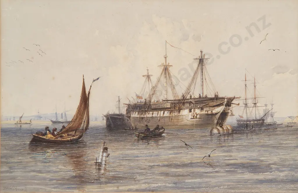William Adolphus Knell (British 1802-75) - A Man of War being rigged in Portsmouth Harbour Image 1++
