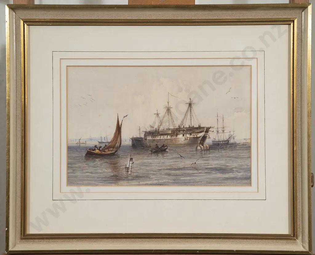 William Adolphus Knell (British 1802-75) - A Man of War being rigged in Portsmouth Harbour Image 1++