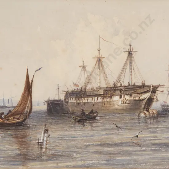 William Adolphus Knell (British 1802-75) - A Man of War being rigged in Portsmouth Harbour