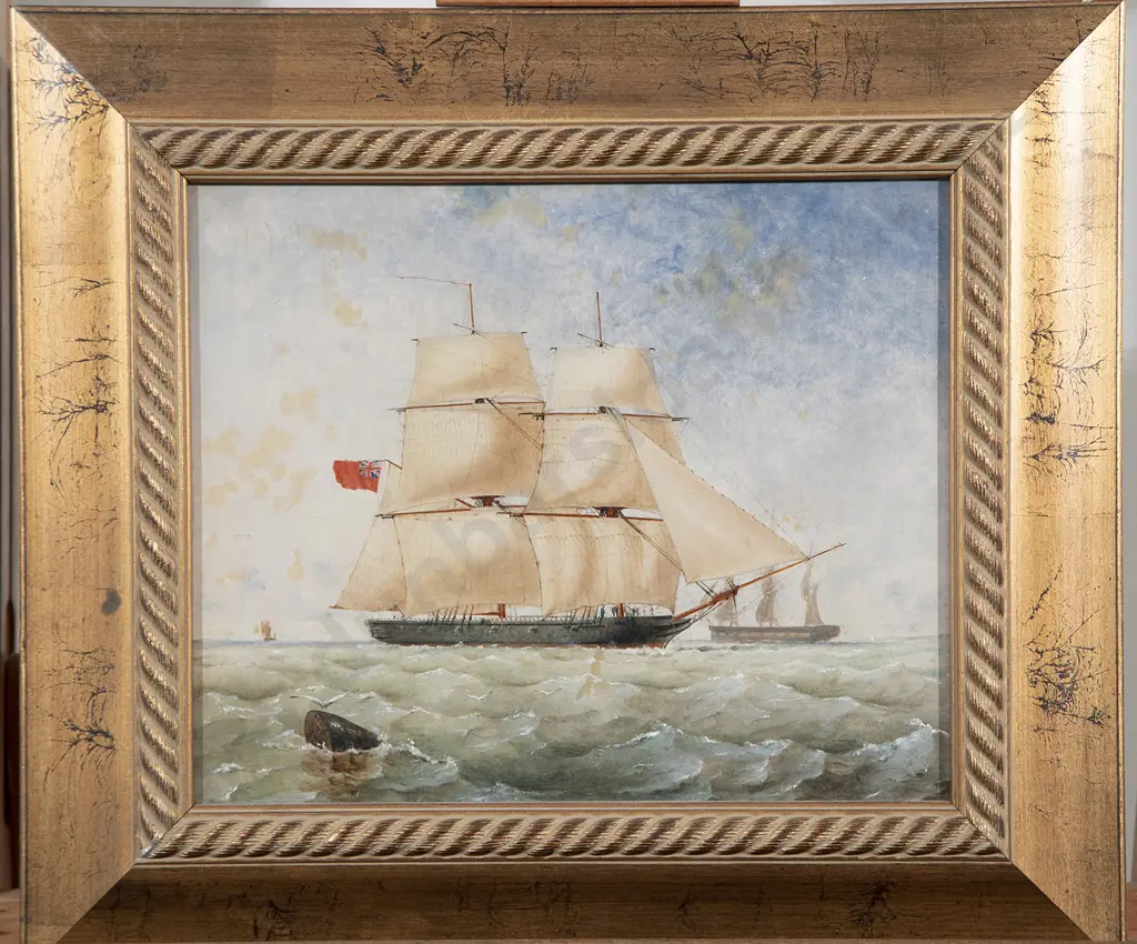 Thomas Goldsworth Dutton (British c.1819-91) - HM brig 'Sea Lark' running inshore Image 1++