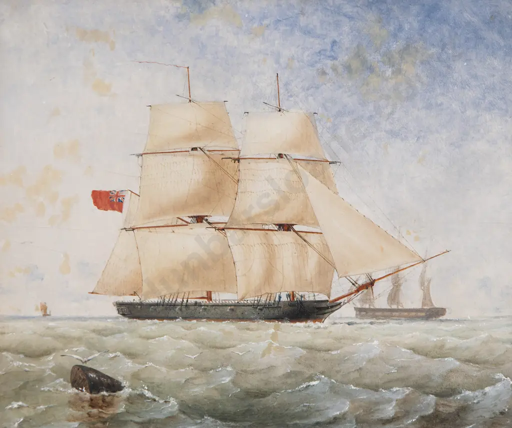 Thomas Goldsworth Dutton (British c.1819-91) - HM brig 'Sea Lark' running inshore Image 1++