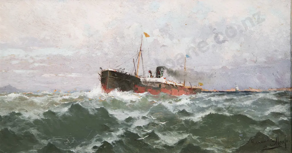 Francesc Hernández Monjo (Spanish 1862-1939) - Ship off the Coast Image 1++