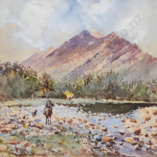 Early C20th - Man on Horseback traversing river bed