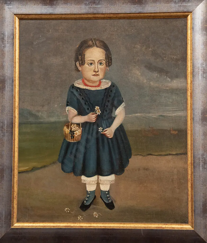 C19th Naive School - Young Girl with Basket of Flowers Image 1++