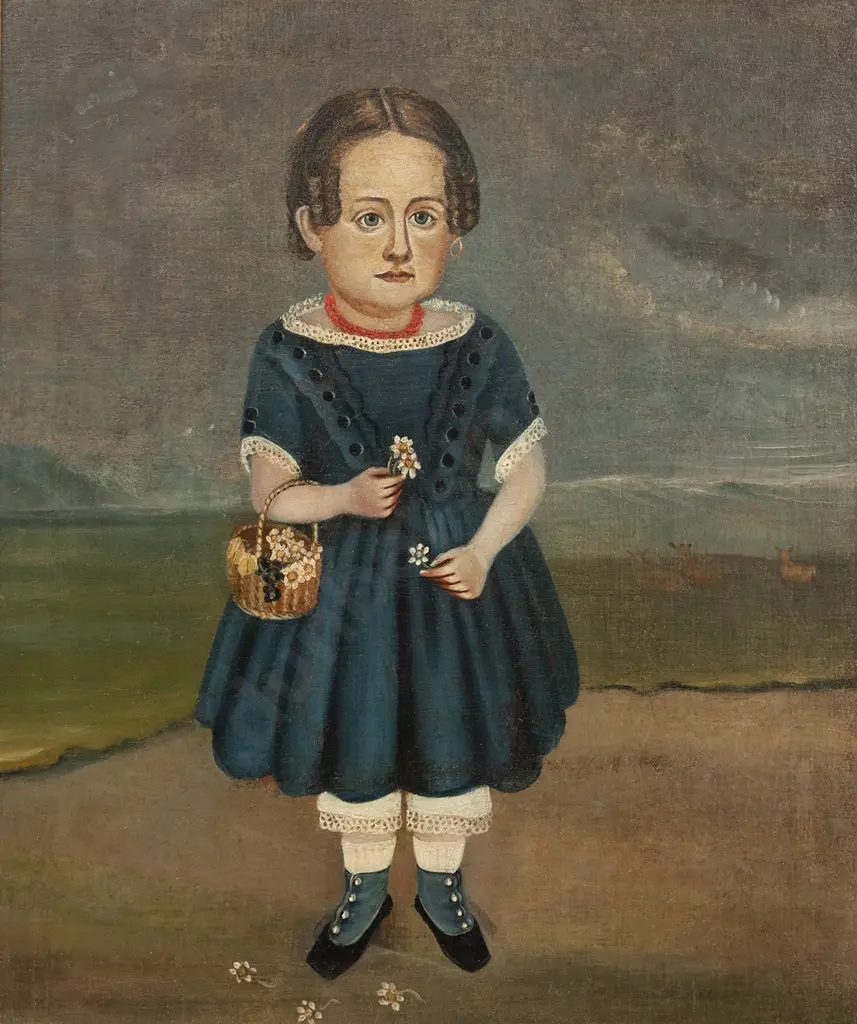 C19th Naive School - Young Girl with Basket of Flowers Image 1++