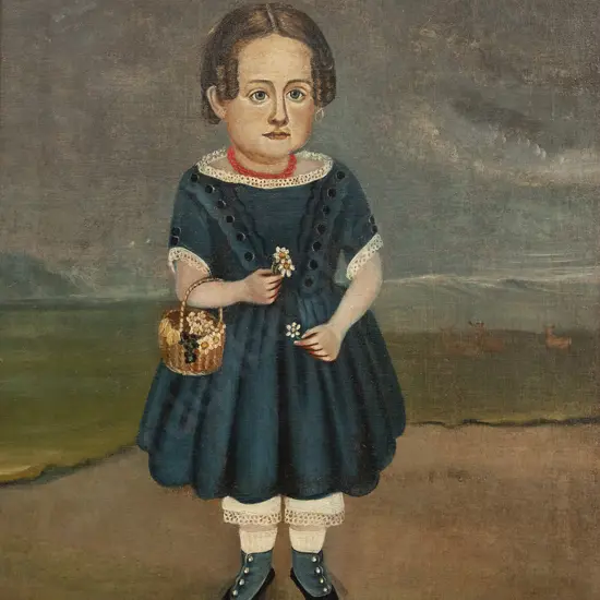 C19th Naive School - Young Girl with Basket of Flowers