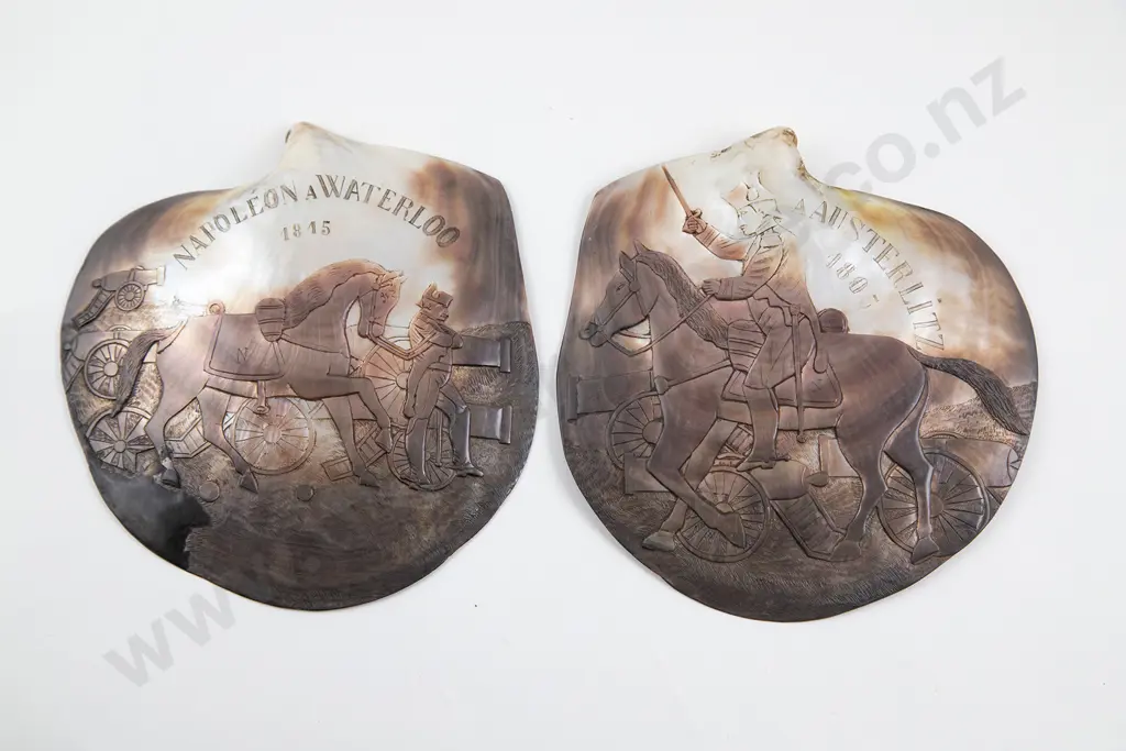 Two C19th Carved MOP Shells Austerlitz 1805 & Napoleon A Waterloo 1815 Image 1++