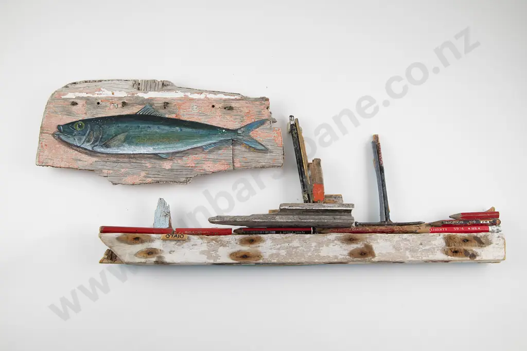 Folk Art Model Of The Otaio By Johanna Tyson & Fish Painted Driftwood Panel Image 1++
