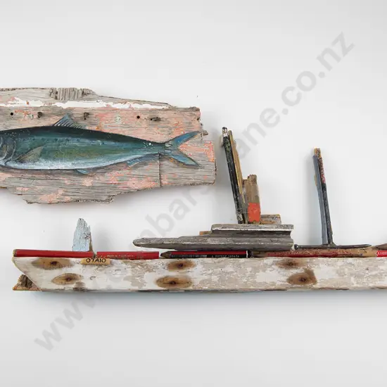 Folk Art Model Of The Otaio By Johanna Tyson & Fish Painted Driftwood Panel